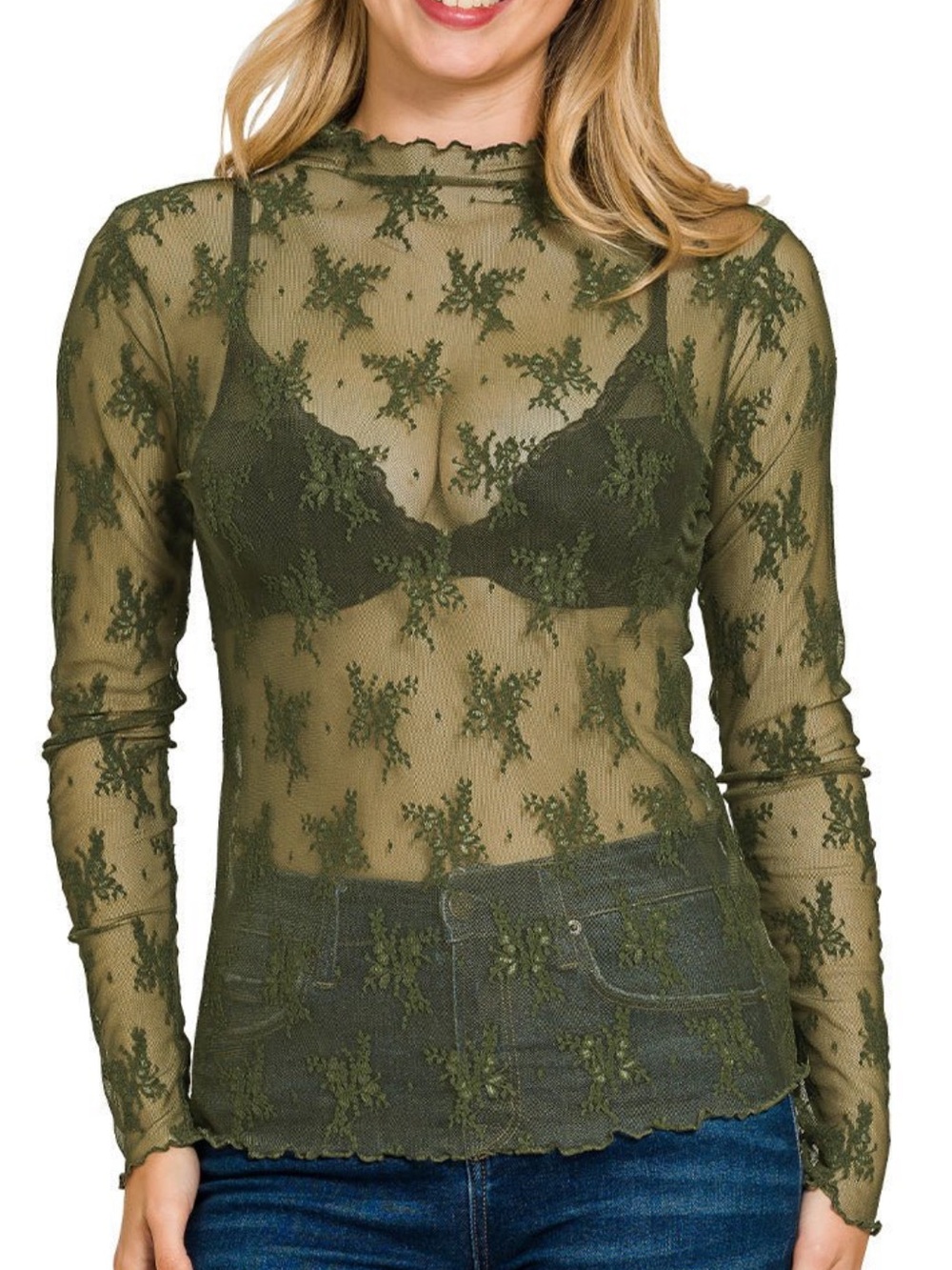 Blue Velvet | Olive Green Sheer Lace Top